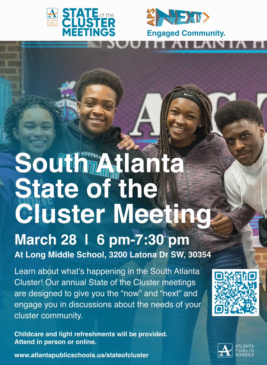#SouthAtlantaCluster families! We want to hear from you! Join us on Monday, March 28 at Long Middle School from 6 p.m. -7:30 p.m. to share your voice + discover what's next! The meeting will be held in person and online via APS Facebook live!