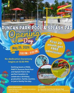 @cityoffairburnga Join us for our Duncan Park Pool & Splash Pad Opening Day on May 25th, 1pm-6pm!